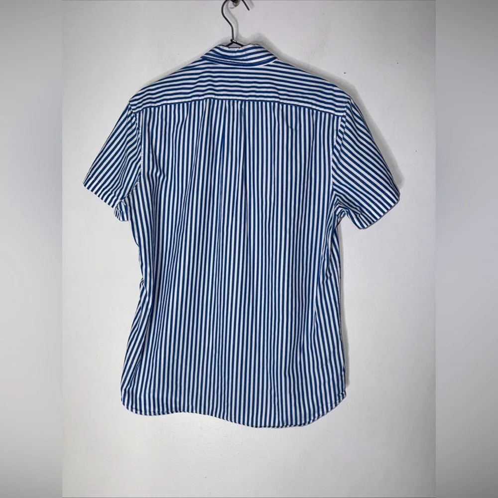 J Crew Cotton Shirting Blue‎ White Stripe Short Sleeve Collar Button Down Medium